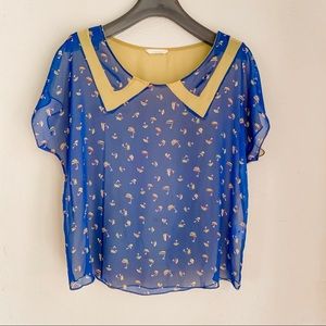 Lush Boat Print Blouse in Blue & Yellow. Size S